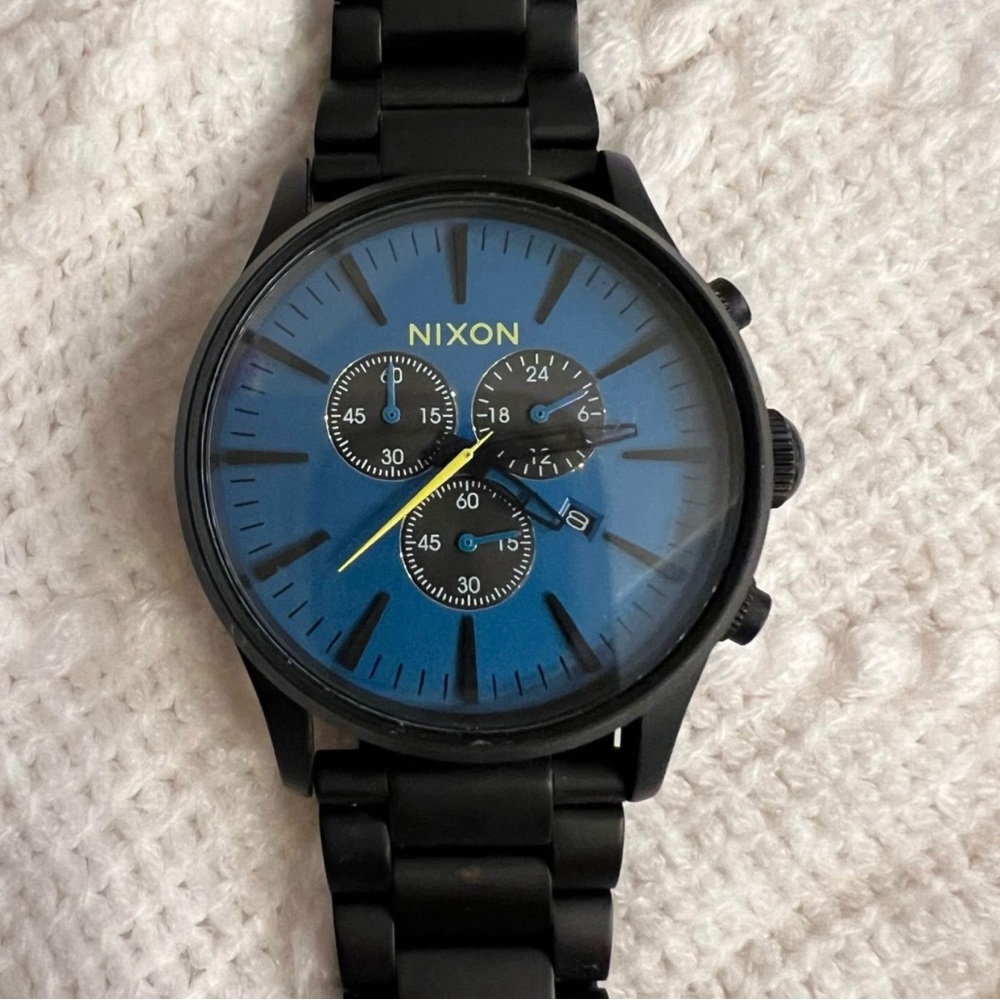 Nixon Sentry Midnight Black and Ocean Blue Chronograph Watch - Picture 2 of 10